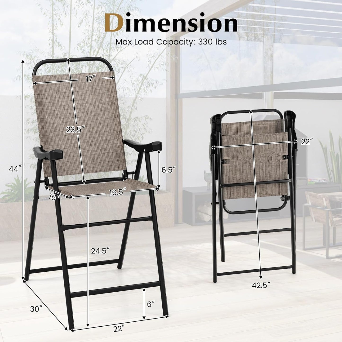 COSTWAY 2 Pieces Patio Folding Bar Chairs, High Top Patio Bar Chair with Metal Frame & Footrest, Outdoor Counter Height Chairs for Balcony, Garden & Poolside, Coffee (1, Coffee)