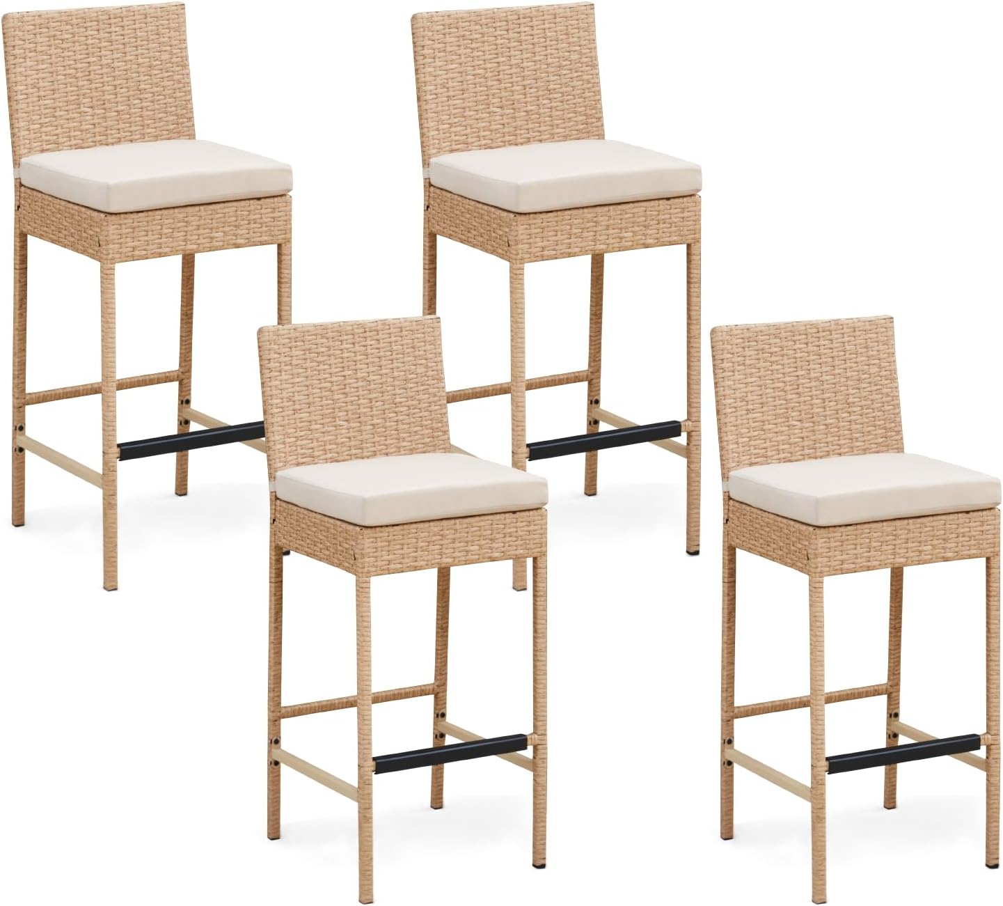 ECOTOUGE Rattan Bar Stools Set of 2, Outdoor Wicker Barstools Counter Height with Cushion for Lawn, Balcony, Garden, Black