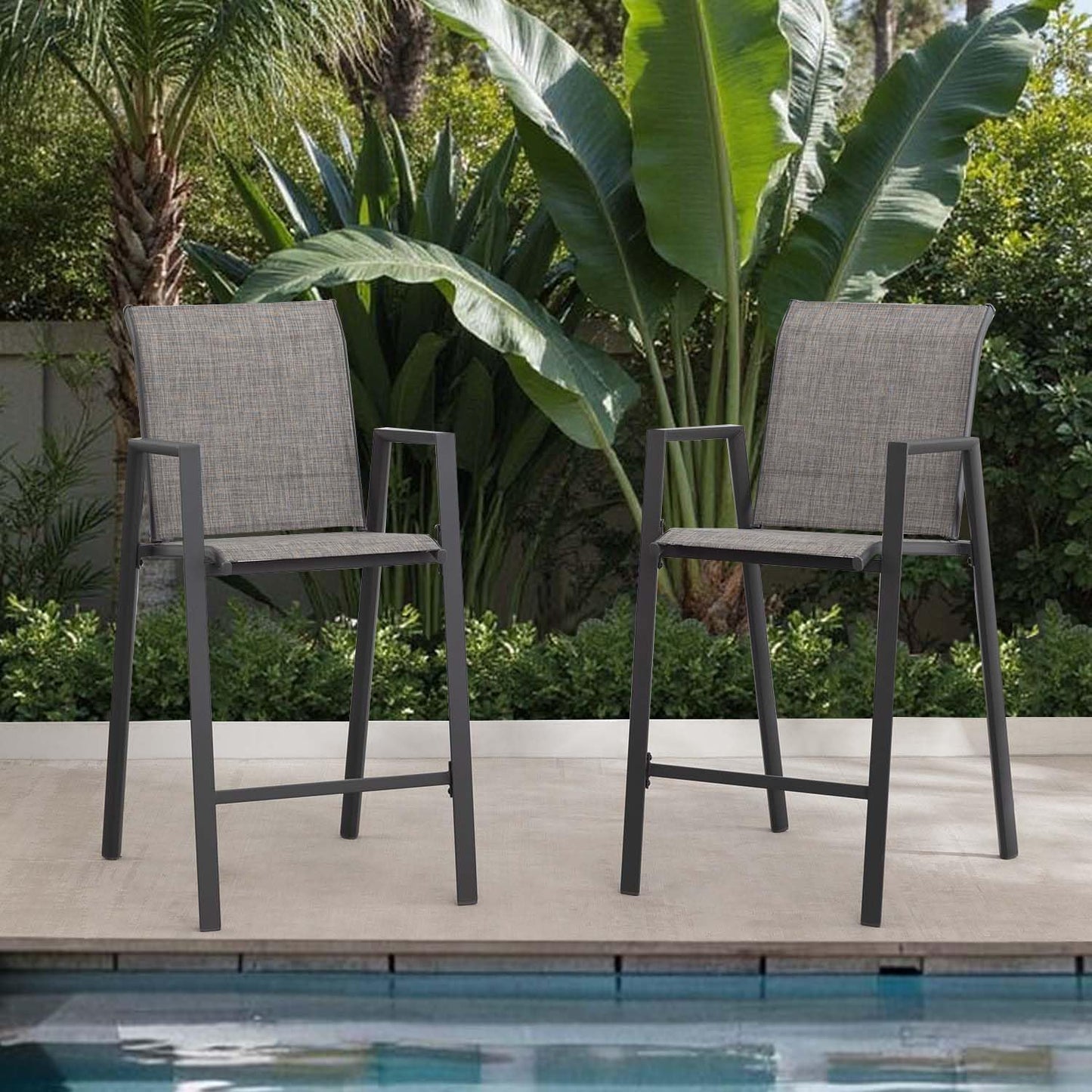 Outdoor Bar Stools Set of 2, 44'' Patio Bar Chairs with Textile High Back, Bar Height Chairs with Straight Armrest and Footrest, Blue
