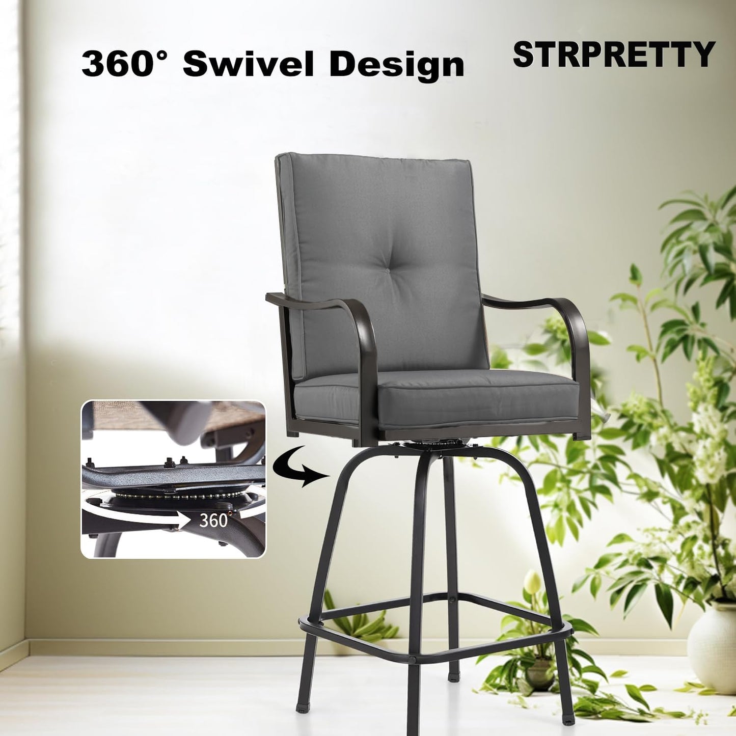 Patio Swivel Bar Stools Set of 2, Outdoor Bar Height Patio Swivel Chairs with Cushion for Garden Balcony Backyard (Grey)
