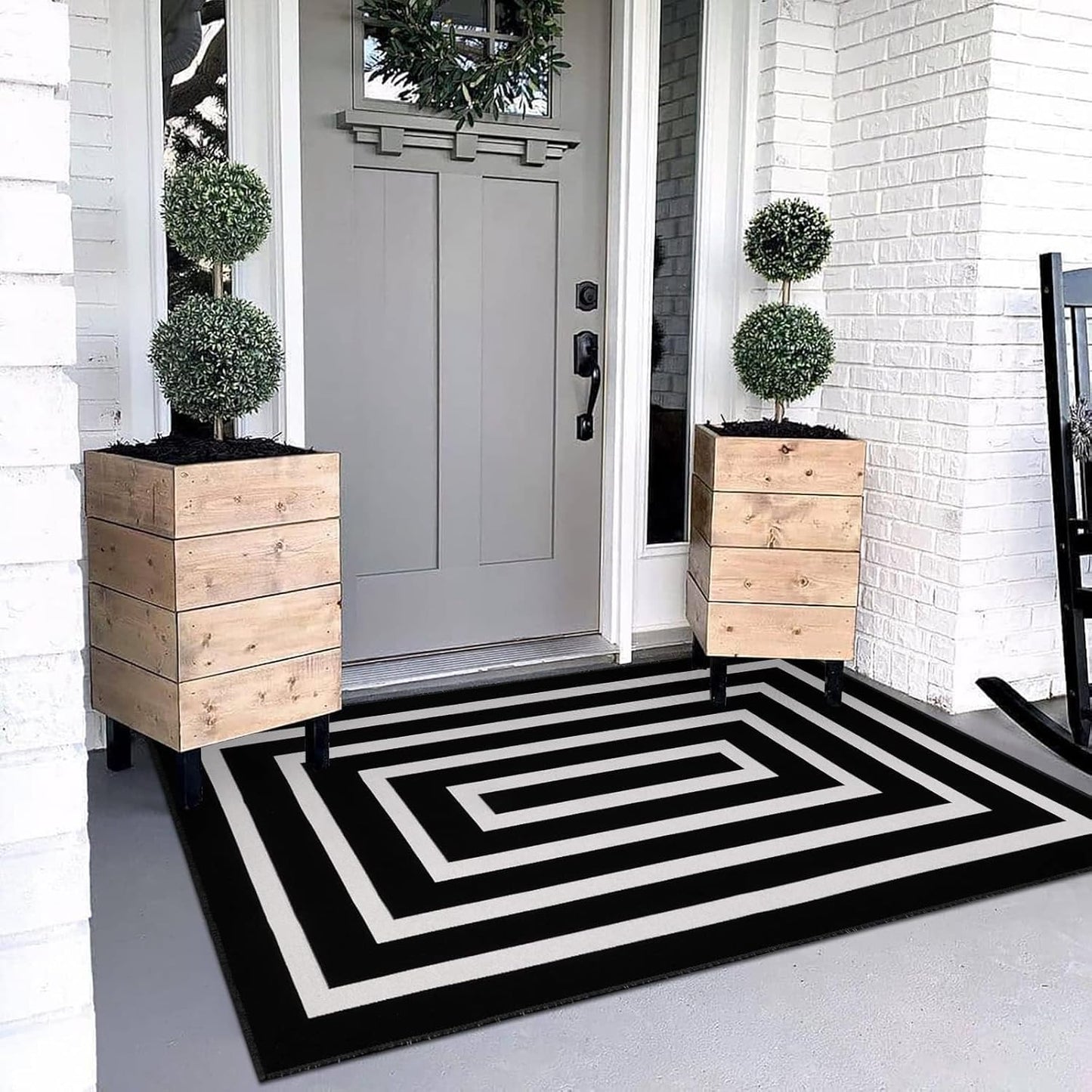 LEEVAN Black and White Striped Area Rug 5' x 7' Indoor Outdoor Rug Washable Woven Farmhouse Porch Front Outdoor Rug Patio Clearance for Living Room Courtyard Large Cotton Floor Carpet