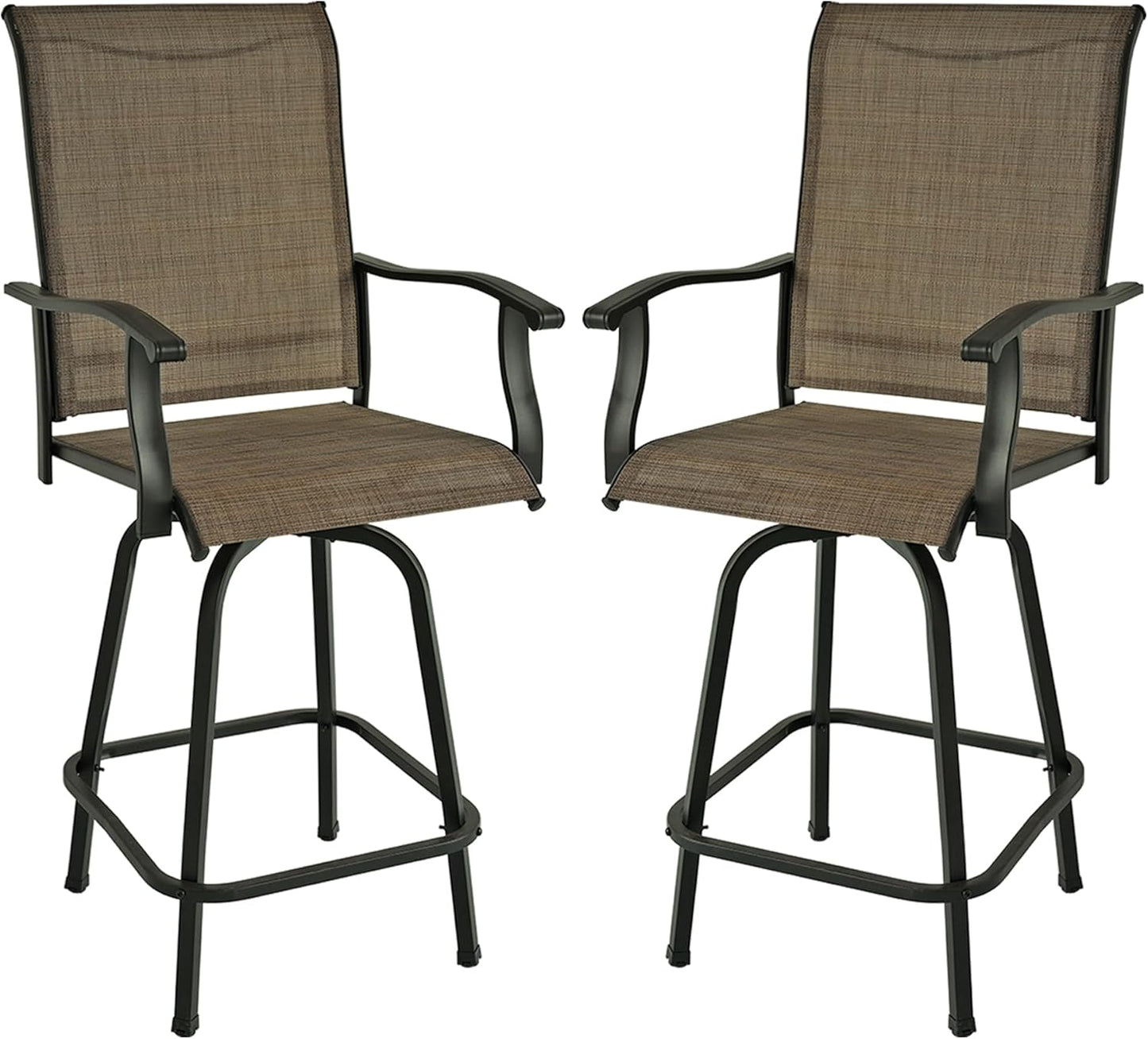 Patio Swivel Bar Stools Set of 2 for Outdoor and Bar Height High Back Brown Sling Chairs with Footrest