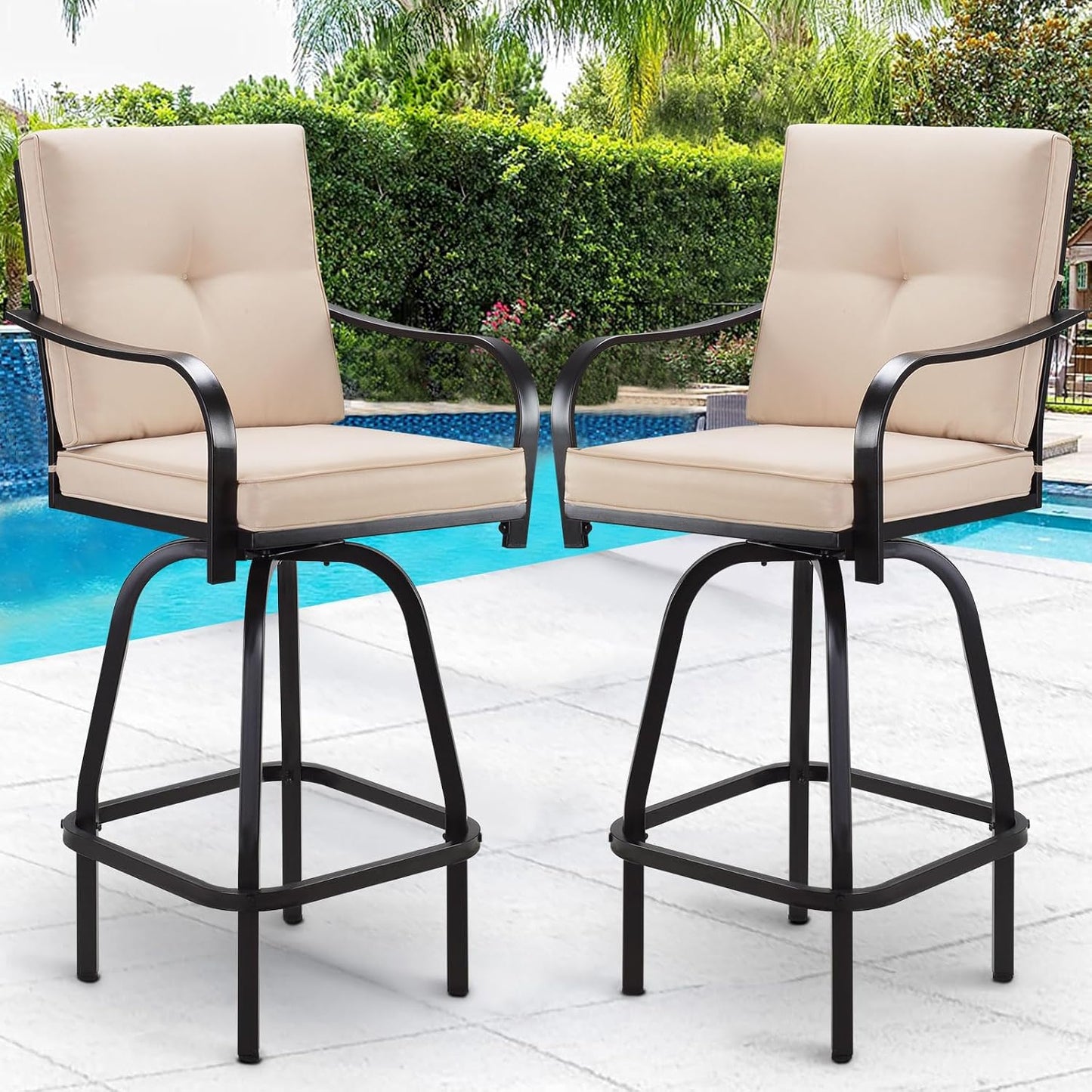 Patio Swivel Bar Stools Set of 2, Outdoor Bar Height Patio Swivel Chairs with Cushion for Garden Balcony Backyard (Grey)