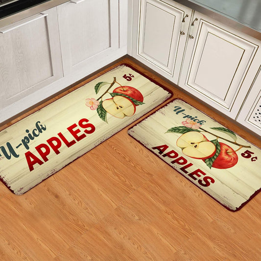2 Piece Non-Slip Kitchen Mat Runner Rug Set Doormat Tasty Apples 5 Cents Vintage Country Style Door Mats Rubber Backing Carpet Indoor Floor Mat (23.6" x 35.4"+23.6" x 70.9")