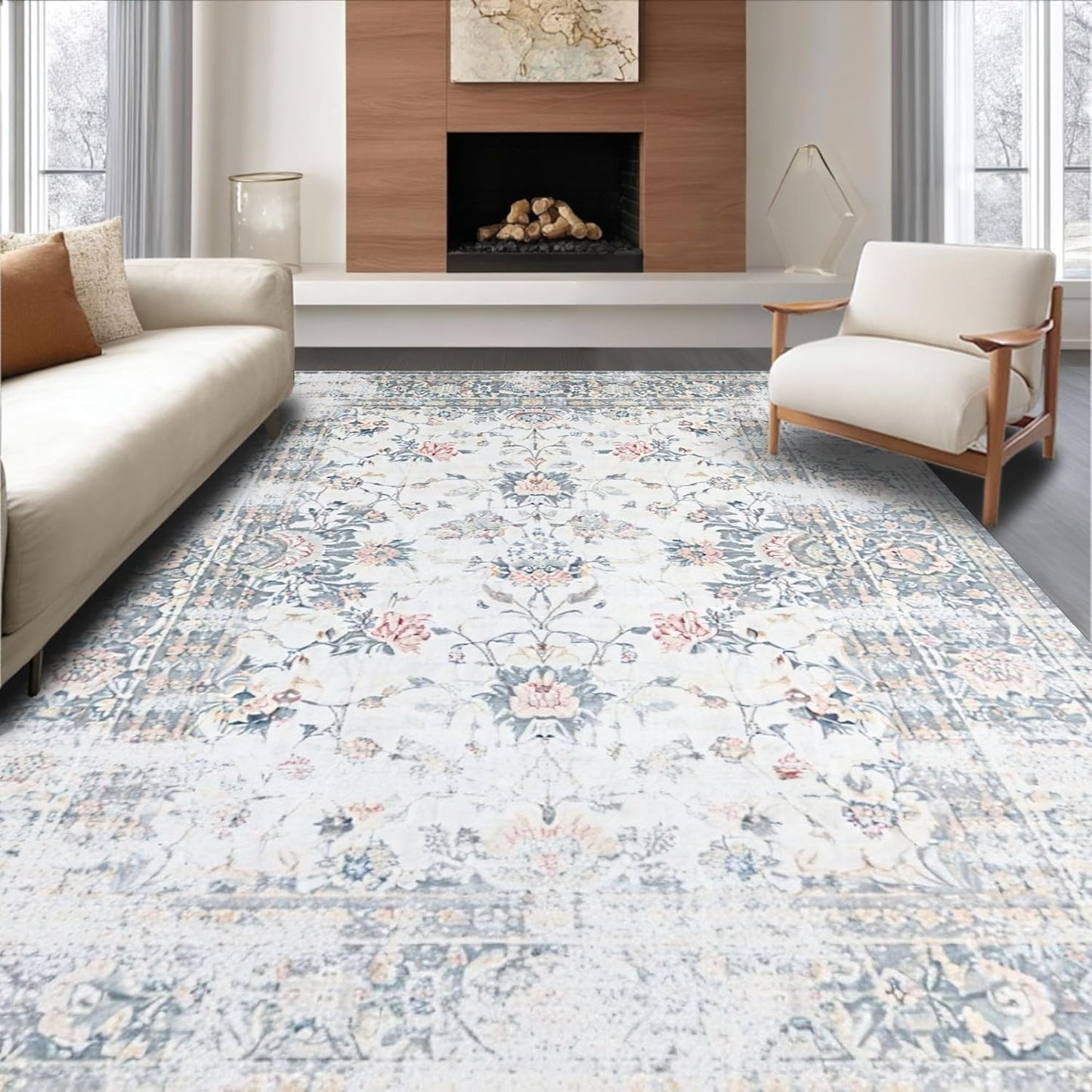 Ultra Soft Area Rug 8x10, Non Slip, Stain Resistant, Washable Area Rugs for Living Room, Bedroom, Farmhouse Grey Kitchen Carpet Set, 3 Piece Washable Non Slip Runner Rug (White, 8x10)