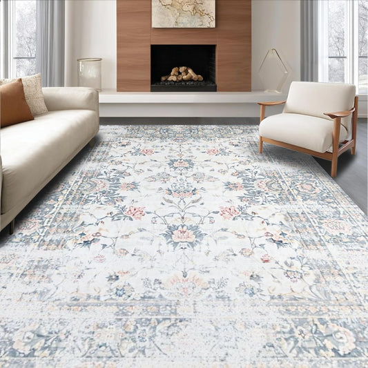 Ultra Soft Area Rug 8x10, Non Slip, Stain Resistant, Washable Area Rugs for Living Room, Bedroom, Farmhouse Grey Kitchen Carpet Set, 3 Piece Washable Non Slip Runner Rug (White, 8x10)