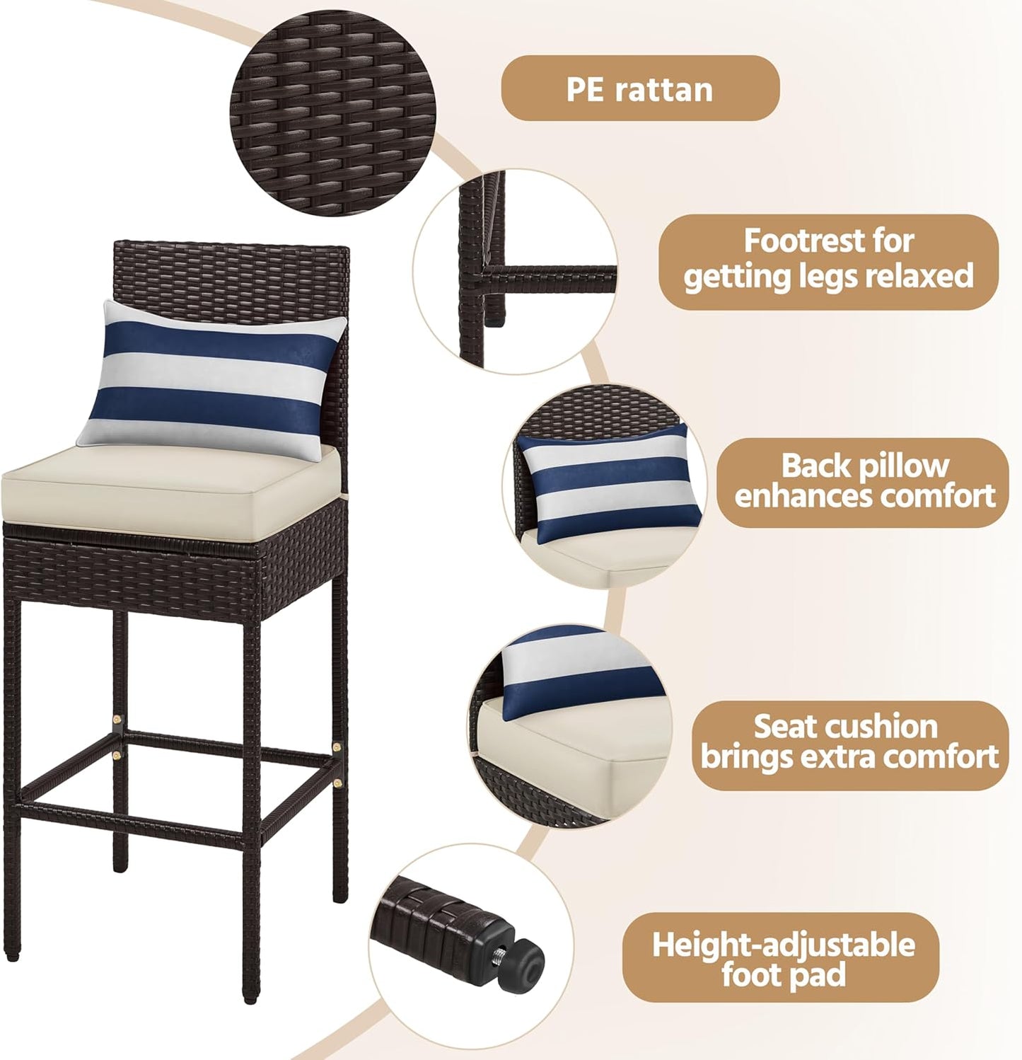 Yaheetech Set of 2 Patio Bar Stools, Outdoor PE Rattan Bar Height Chairs with Cushions & Footrests & Backrest for Indoor, Outdoor, Backyard, Porch, Max.Load 300Lb, Brown/Beige