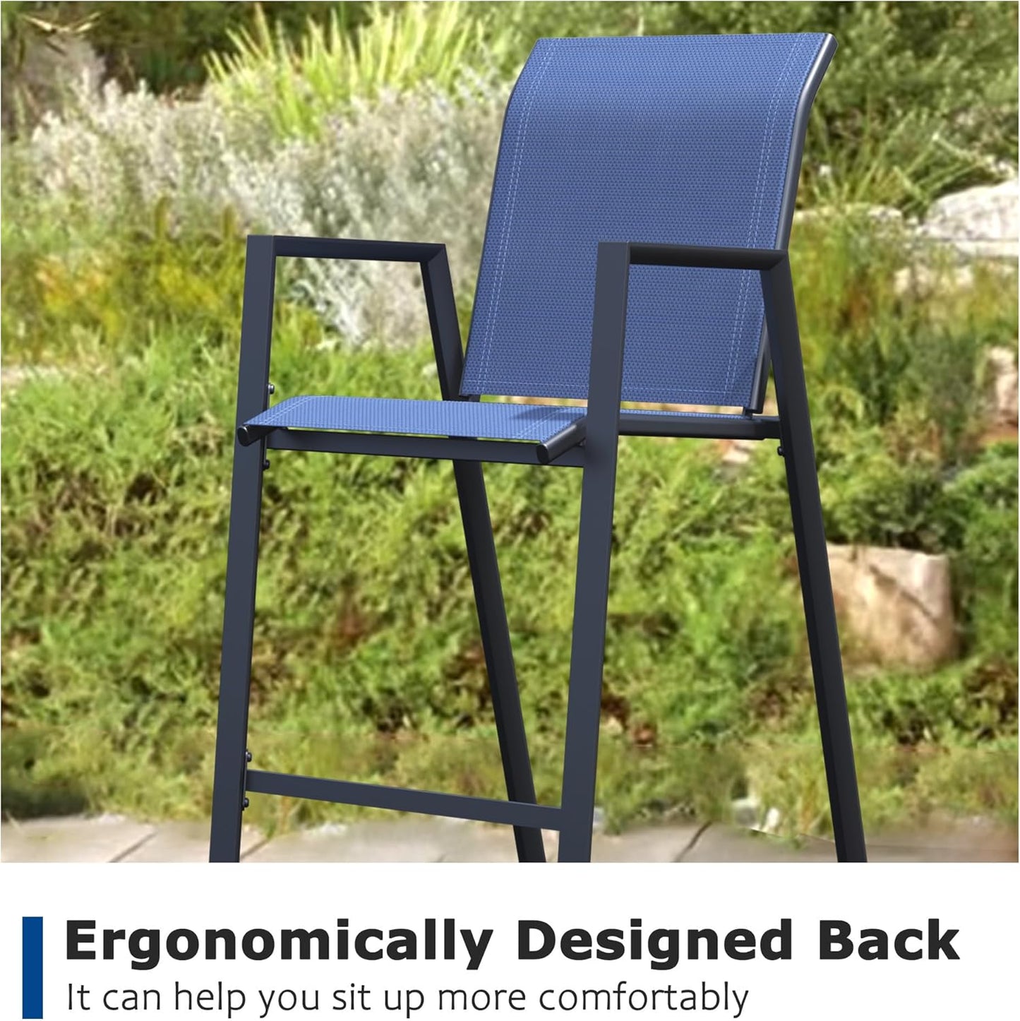 Outdoor Bar Stools Set of 2, 44'' Patio Bar Chairs with Textile High Back, Bar Height Chairs with Straight Armrest and Footrest, Blue