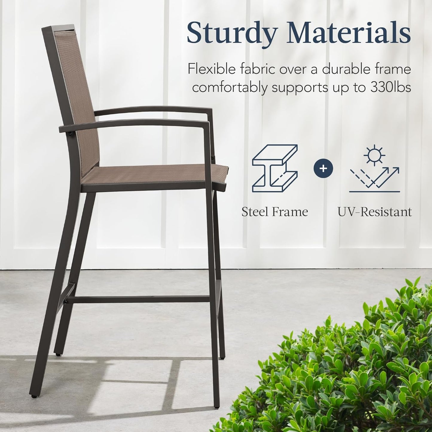 Best Choice Products Outdoor Bar Stools Set of 2, Bar Height, Patio Furniture, All Weather Mesh Design w/Armrest - Brown/Brown