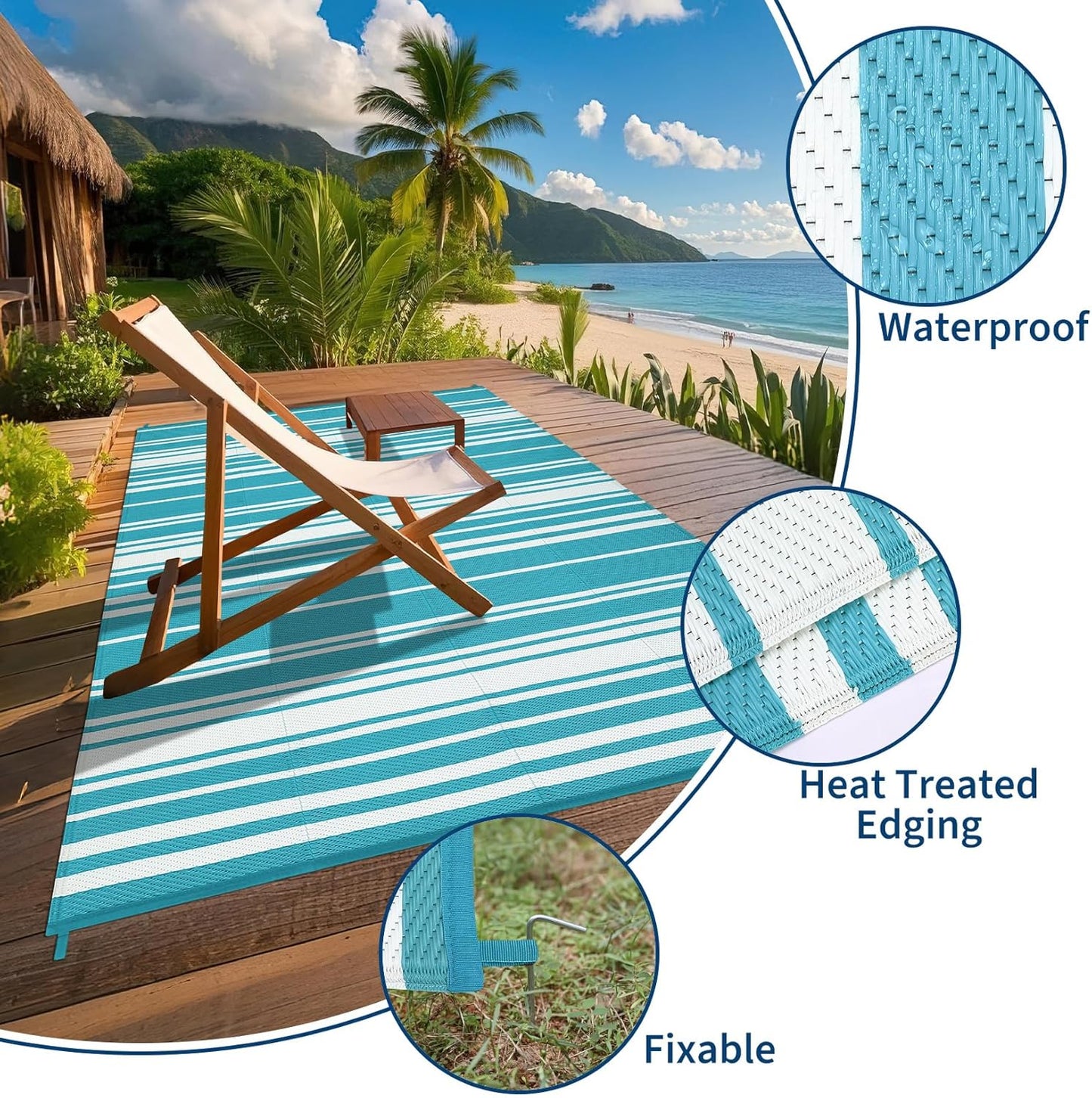 Outdoor Plastic Straw Rug 9x18 Waterproof Outside Rug, Large Modern Striped Reversible Floor Mats, Foldable & Lightweight Camping Carpet for Patio, Porch, Deck, Backyard, Balcony, Light Blue