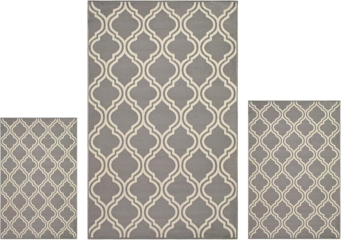 Superior Elegant Double Trellis 3 Piece Indoor Area Rug Set, Jute Backing, Modern Decor for Hallway, Entry, Office, Kitchen, Bedroom, Living Room Floors, Plush Rugs, 3' x 5', 5' x 8', 8' x 10', Grey