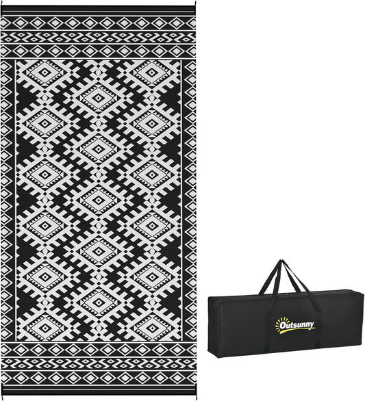 Outsunny Outdoor Rug for Patio, 9' x 18' Waterproof Large Mat, Reversible Plastic Straw Rug for Decor, Portable Outside RV Camping Area Carpet Mat for Backyard Porch Deck Picnic, Black & White Rhombus