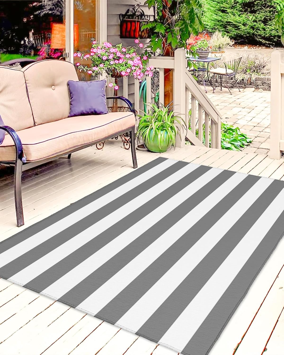 Outdoor Rug, Large Floor Mat Pink and White Stripes Non Slip Area Rug Rubber Backing Quick Dry Clearance Carpet for Camping Rugs, Patio, Garden, Lawn, Deck, Porch, 4' x 6'