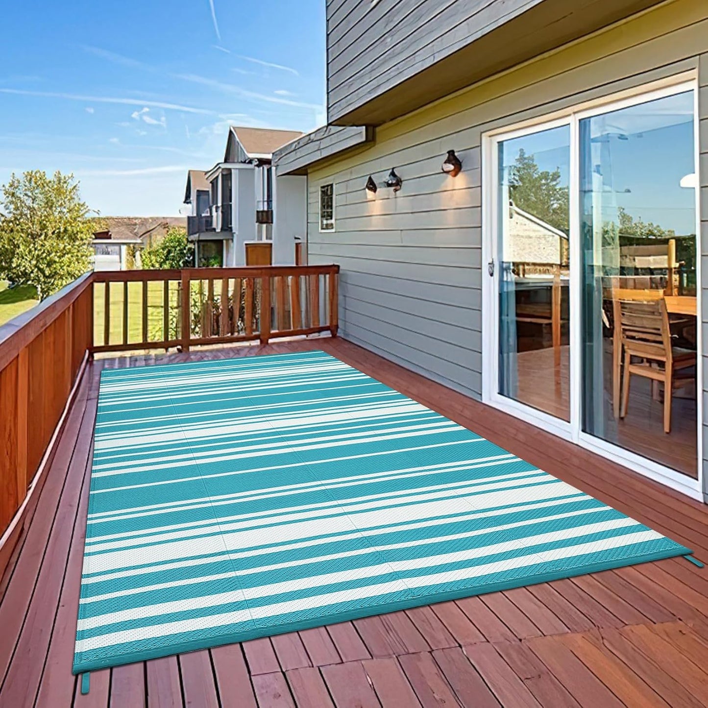 Outdoor Plastic Straw Rug 9x18 Waterproof Outside Rug, Large Modern Striped Reversible Floor Mats, Foldable & Lightweight Camping Carpet for Patio, Porch, Deck, Backyard, Balcony, Light Blue