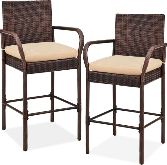 Best Choice Products Set of 2 Wicker Bar Stools, Indoor Outdoor Bar Height Chairs w/Cushion, Footrests, Armrests for Backyard, Patio, Pool, Garden, Deck - Brown
