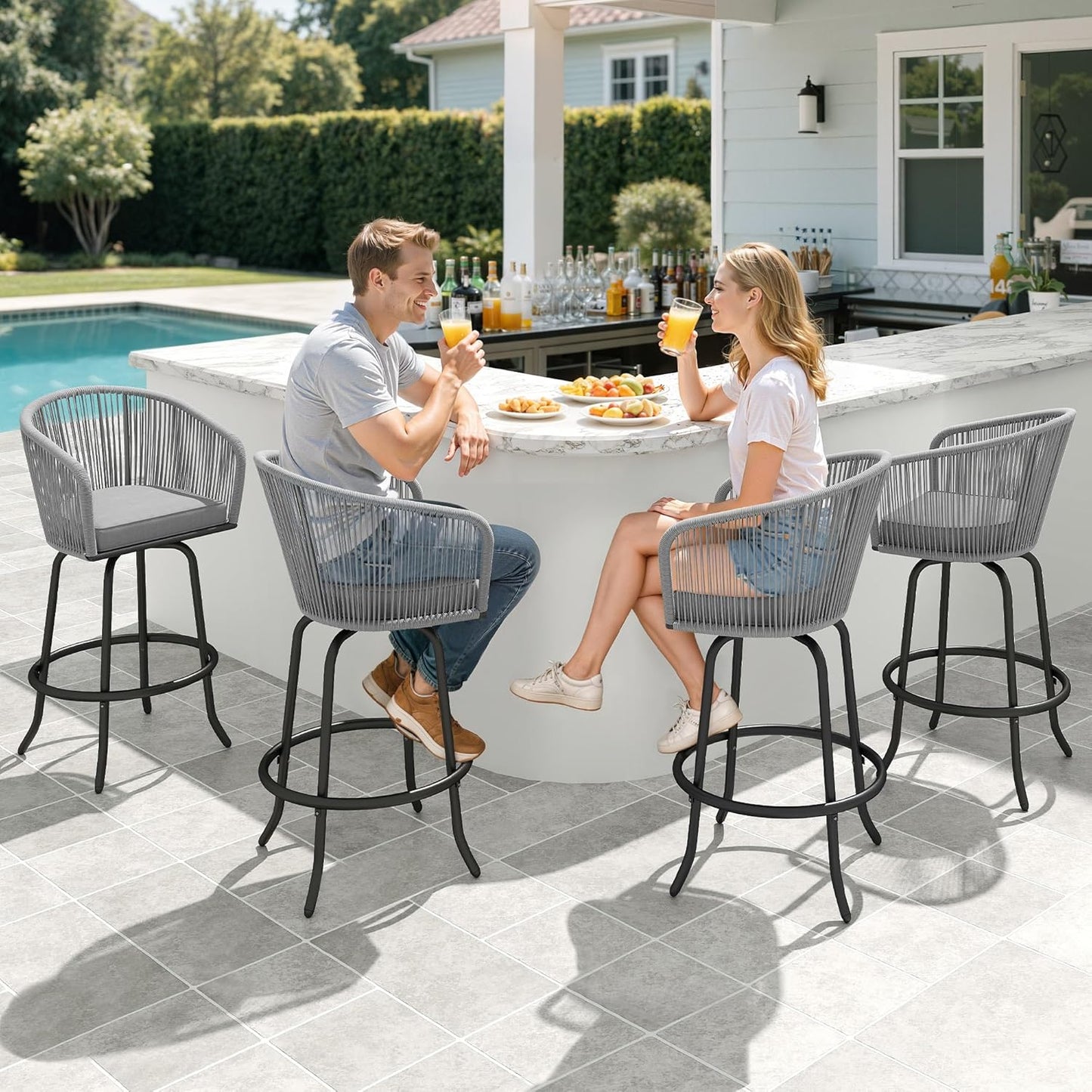 DWVO Outdoor Counter Height Bar Stools Set of 4, Patio Swivel Bar Chairs with Soft Cushions, 360° Rotation, Bar Height Rattan Chairs for Backyard, Poolside, Garden, Gray