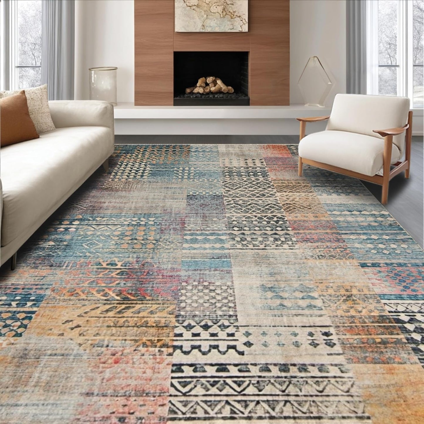 Ultra Soft Area Rug 8x10, Non Slip, Stain Resistant, Washable Area Rugs for Living Room, Bedroom, Farmhouse Grey Kitchen Carpet Set, 3 Piece Washable Non Slip Runner Rug (White, 8x10)