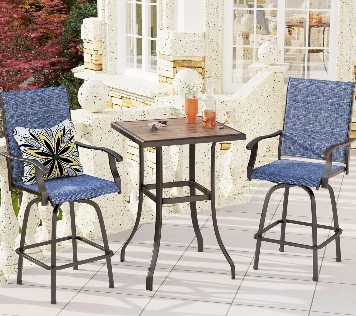 PHI VILLA Outdoor Swivel Bar Stools Set of 2, Bar Height Patio Chairs 30" Seat Height with All-Weather Brown Textilene Fabric, Tall Patio Chairs Furniture for Outside, Deck, Yard and Garden