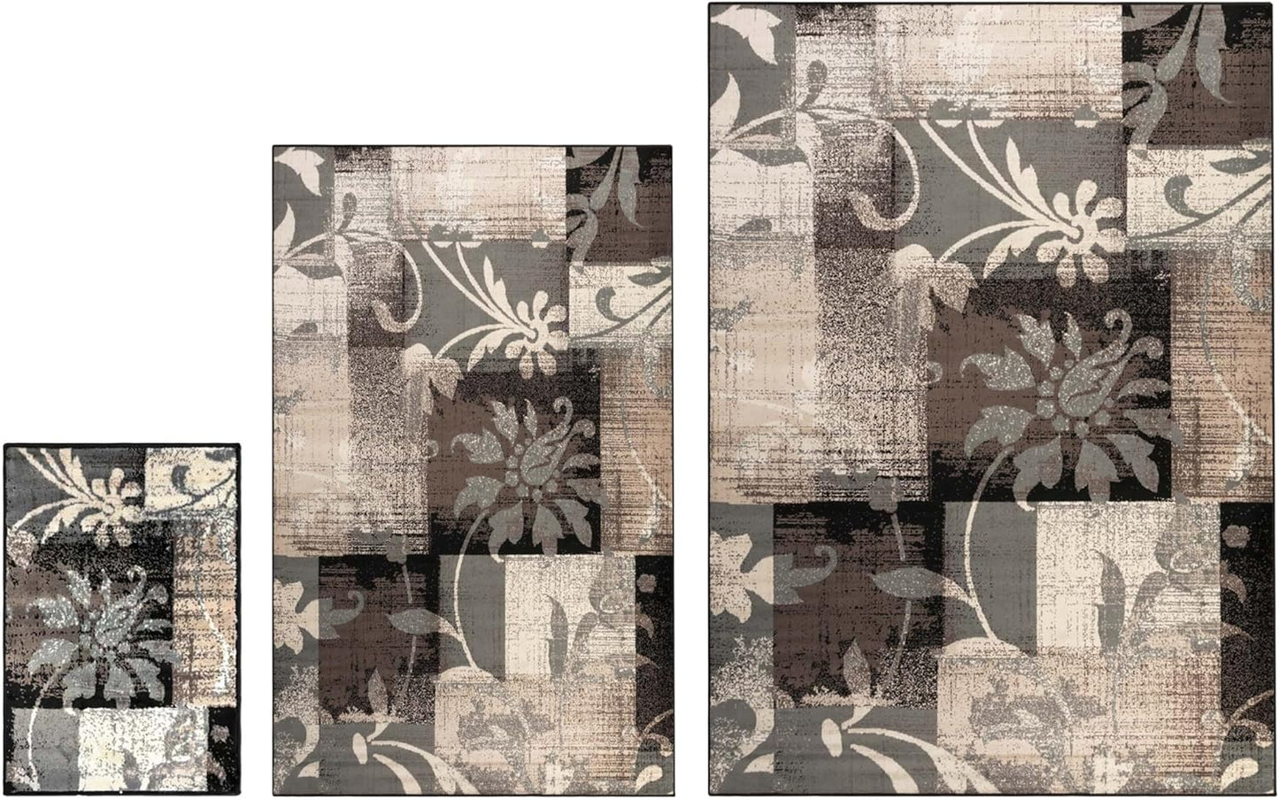 Superior Pastiche 3 Piece Indoor Area Rug Set, Jute Backing, Modern Floral Patchwork Decor, Hallway, Office, Kitchen, Bedroom, Living Room Floors, Plush Rugs, 2' x 3', 4' x 6', 6' x 9', Beige