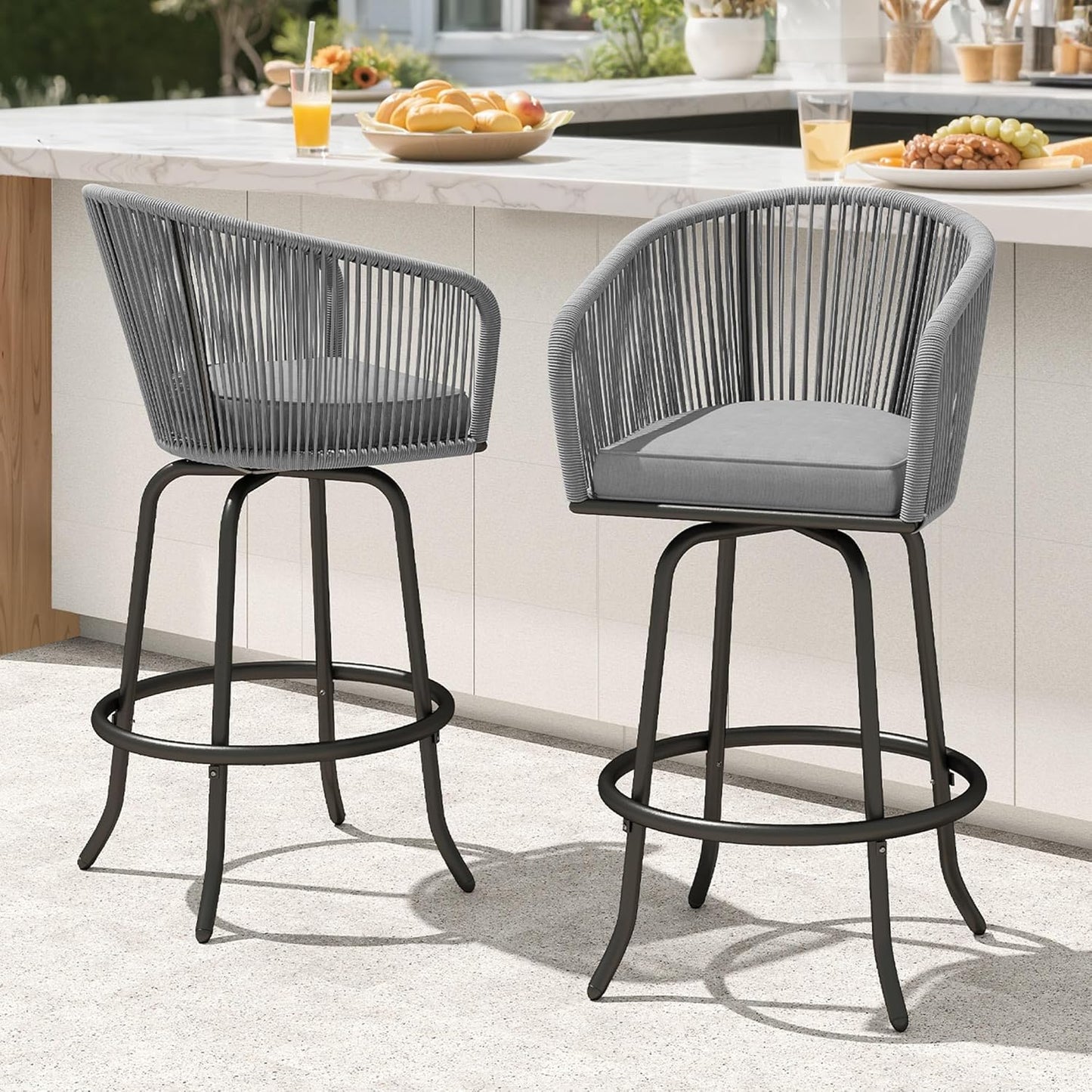 DWVO Outdoor Counter Height Bar Stools Set of 4, Patio Swivel Bar Chairs with Soft Cushions, 360° Rotation, Bar Height Rattan Chairs for Backyard, Poolside, Garden, Gray