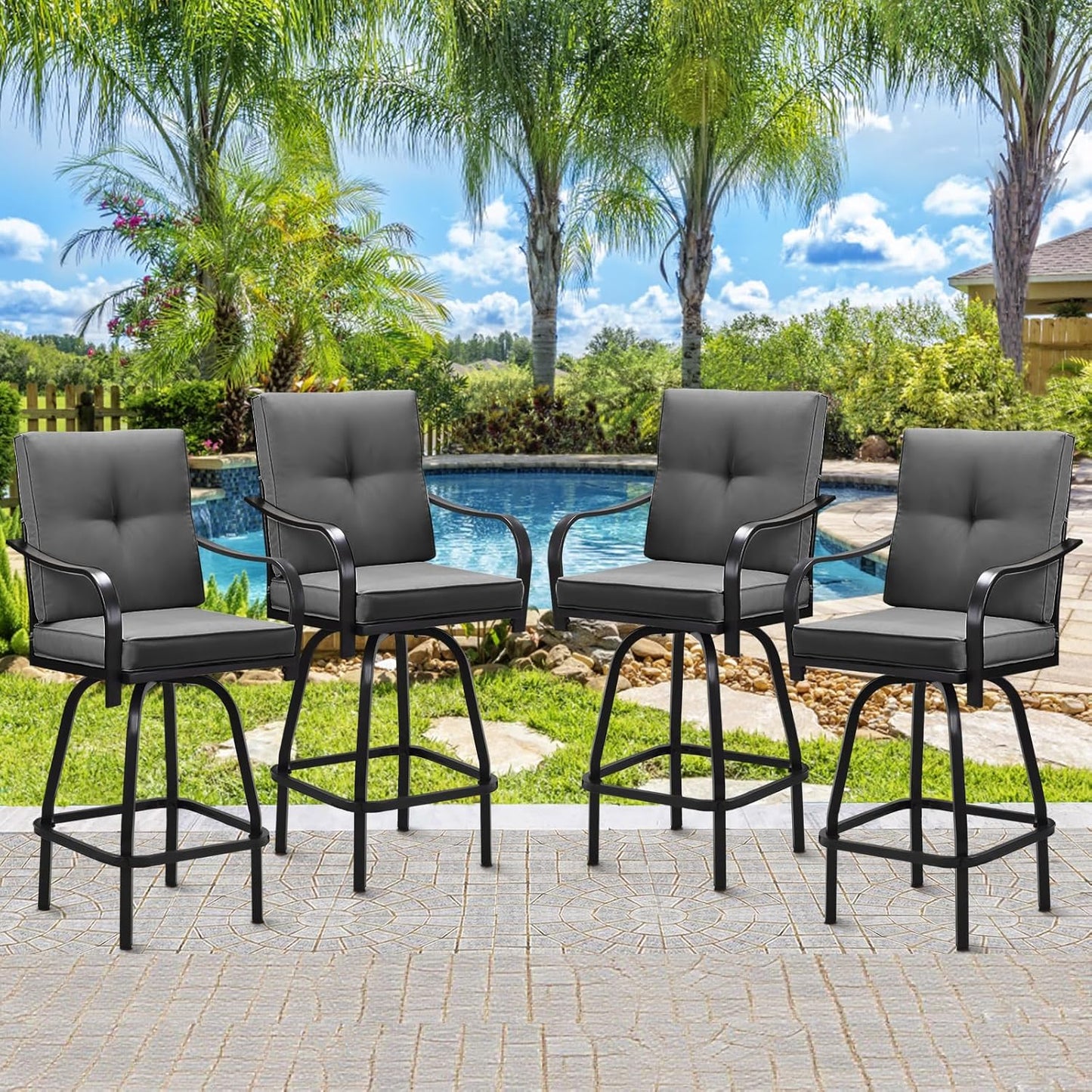 Patio Swivel Bar Stools Set of 2, Outdoor Bar Height Patio Swivel Chairs with Cushion for Garden Balcony Backyard (Grey)