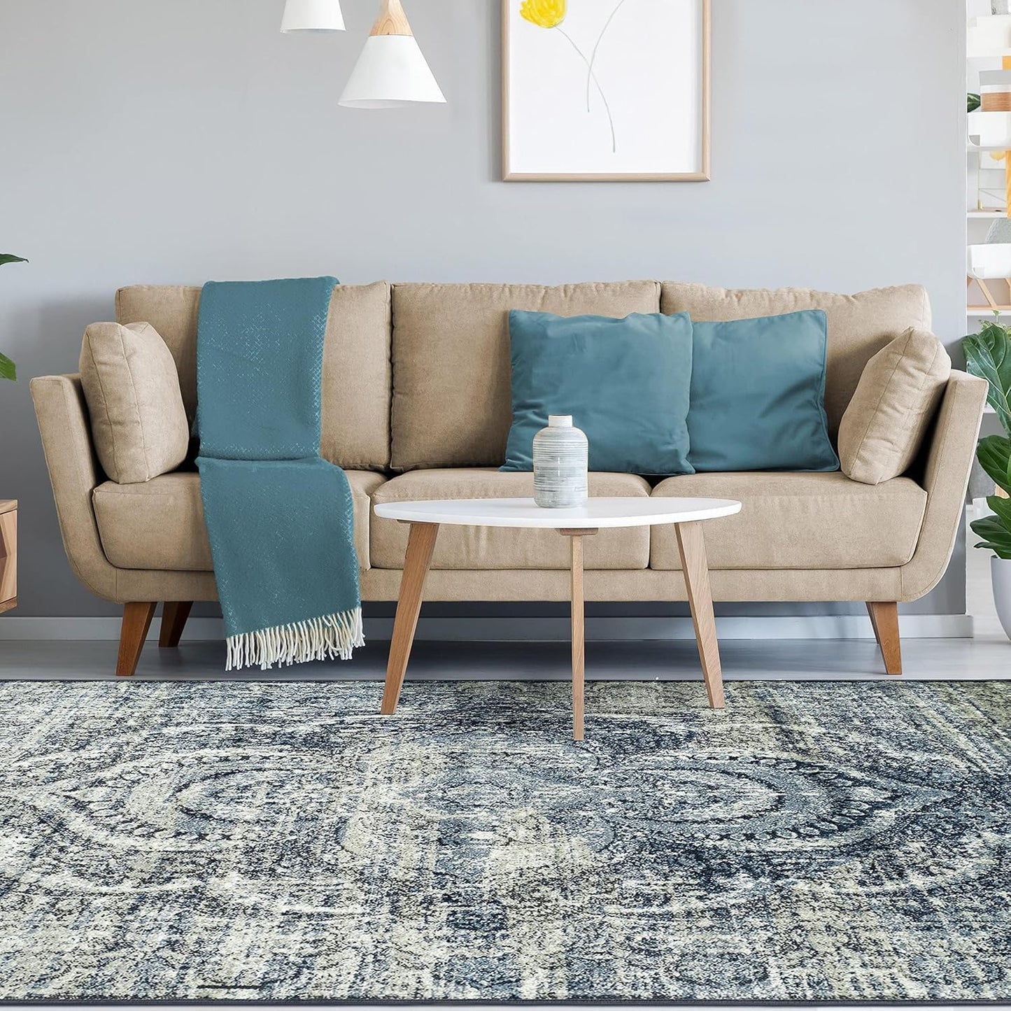 Superior Salford 3 Piece Indoor Area Rug Set, Jute Backing, Abstract Medallion Decor for Hallway, Office, Kitchen, Bedroom, Living Room Floors, Plush Rugs, 2' x 3', 2' 7" x 8', 8' x 10', Blue/Beige
