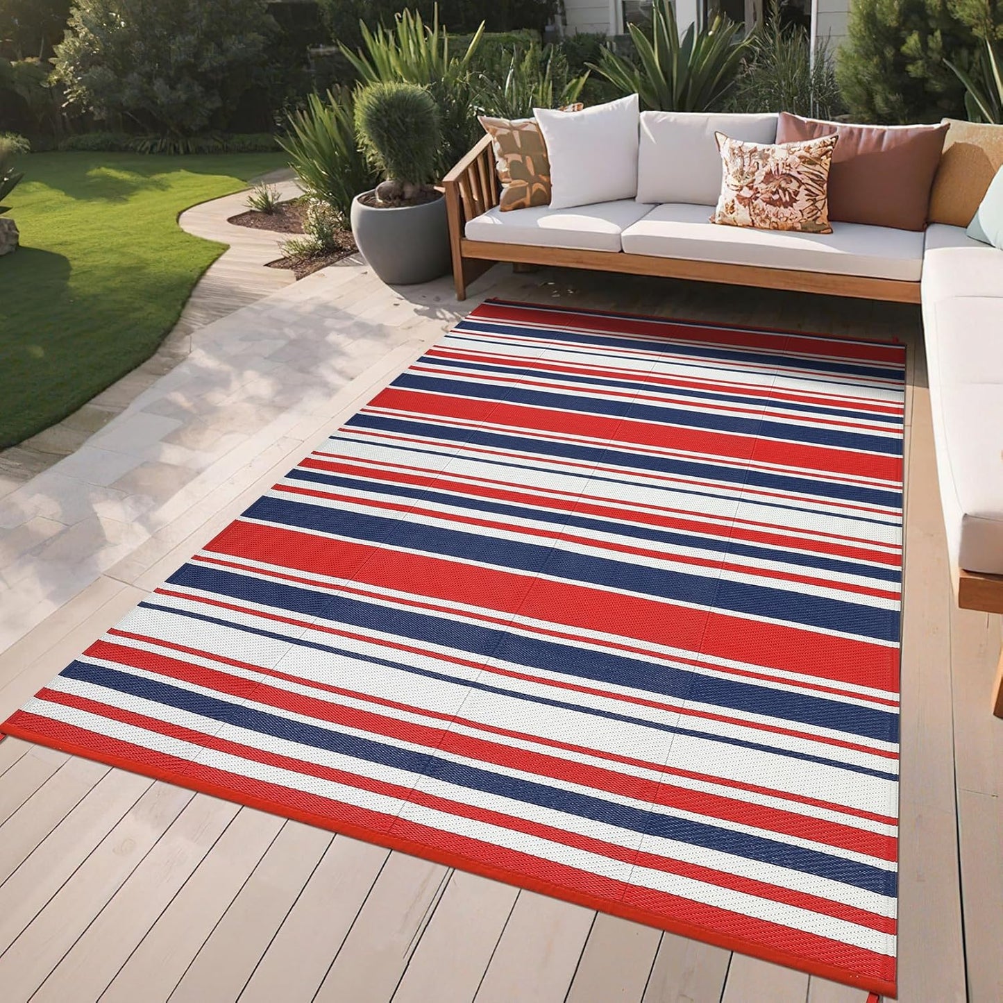 GarveeHome Outdoor Rug Mat for Patio, 9x18 Plastic Straw Rug, Modern Striped Outdoor Camping Rugs for Patio, RV, Porch, Deck, Backyard, Balcony, Camping, Trailer (Red Blue)
