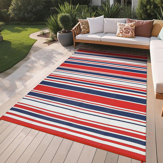 GarveeHome Outdoor Rug Mat for Patio, 9x18 Plastic Straw Rug, Modern Striped Outdoor Camping Rugs for Patio, RV, Porch, Deck, Backyard, Balcony, Camping, Trailer (Red Blue)