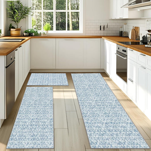 Kitchen Runner Rug Set, 3 Piece Non-Slip Floor Mat, Gray and White Design, 20x32, 20x47, 20x59 inches