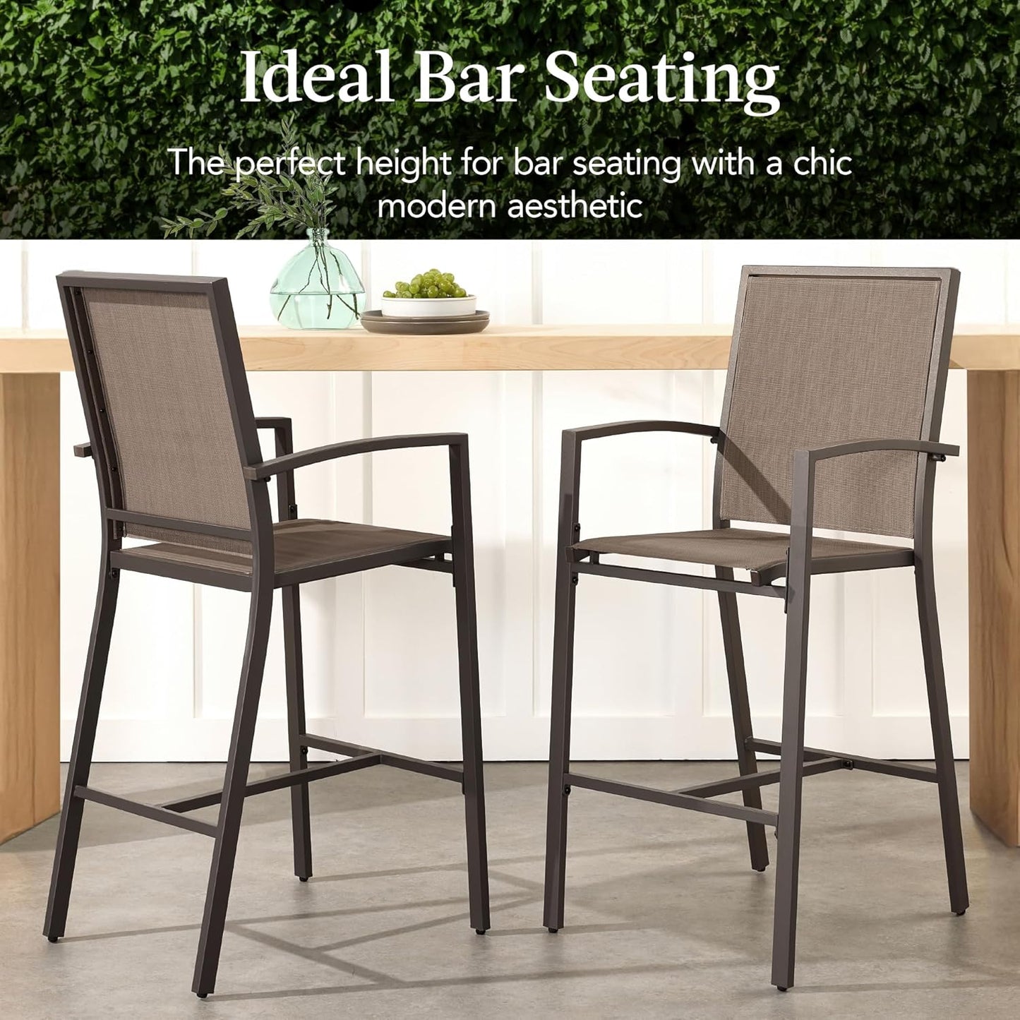 Best Choice Products Outdoor Bar Stools Set of 2, Bar Height, Patio Furniture, All Weather Mesh Design w/Armrest - Brown/Brown