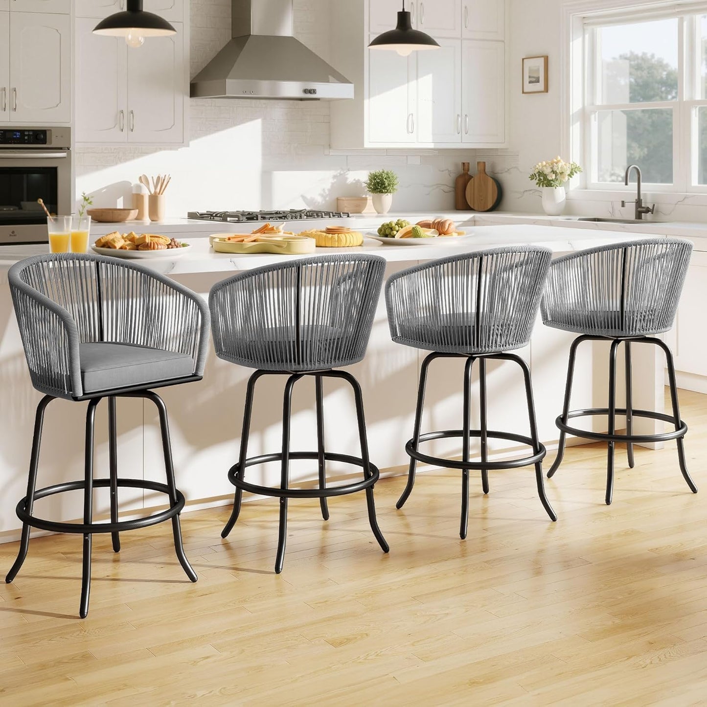 DWVO Outdoor Counter Height Bar Stools Set of 4, Patio Swivel Bar Chairs with Soft Cushions, 360° Rotation, Bar Height Rattan Chairs for Backyard, Poolside, Garden, Gray