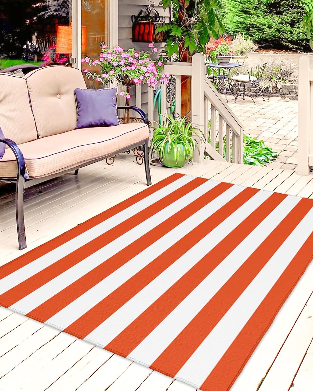 Outdoor Rug, Large Floor Mat Pink and White Stripes Non Slip Area Rug Rubber Backing Quick Dry Clearance Carpet for Camping Rugs, Patio, Garden, Lawn, Deck, Porch, 4' x 6'