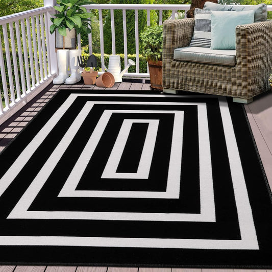 LEEVAN Black and White Striped Area Rug 5' x 7' Indoor Outdoor Rug Washable Woven Farmhouse Porch Front Outdoor Rug Patio Clearance for Living Room Courtyard Large Cotton Floor Carpet