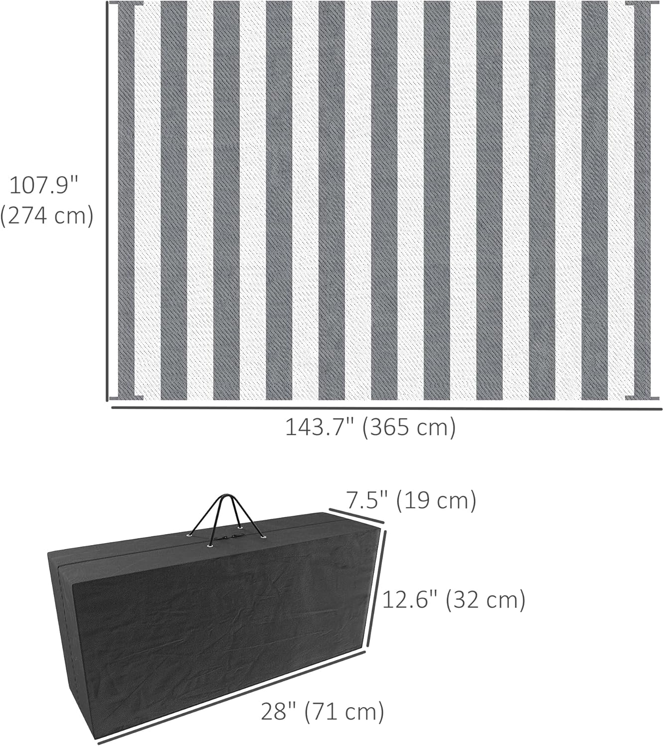 Outsunny Reversible Outdoor Rug, 9' x 12' Waterproof Plastic Straw Floor Mat, Portable RV Camping Carpet, Large Floor Mat for Backyard, Deck, Picnic, Beach, Gray & White Striped
