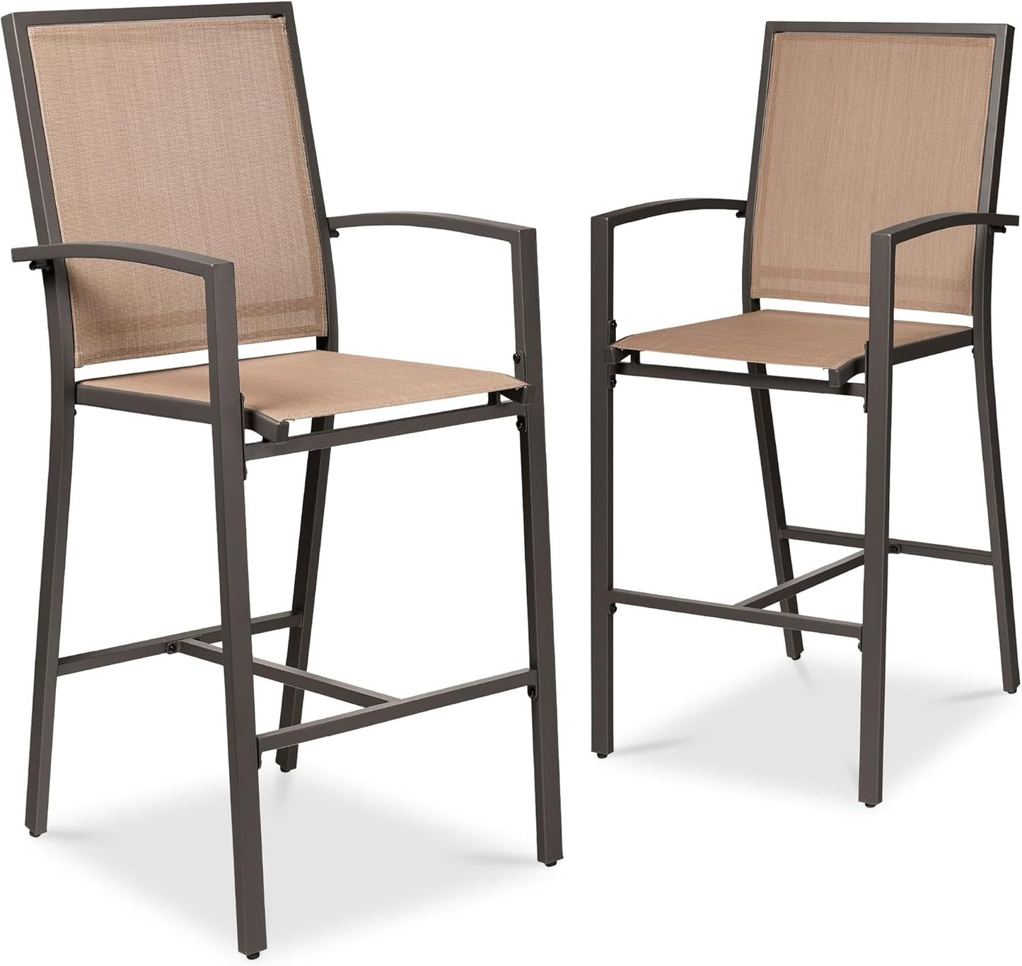 Best Choice Products Outdoor Bar Stools Set of 2, Bar Height, Patio Furniture, All Weather Mesh Design w/Armrest - Brown/Brown