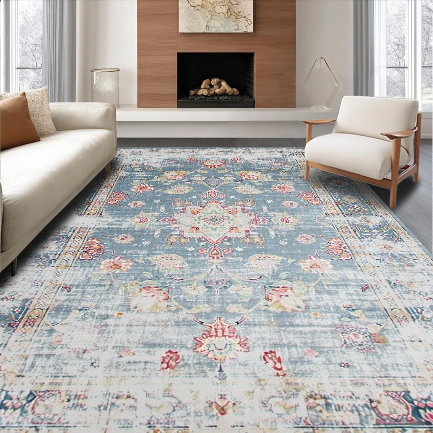 Ultra Soft Area Rug 8x10, Non Slip, Stain Resistant, Washable Area Rugs for Living Room, Bedroom, Farmhouse Grey Kitchen Carpet Set, 3 Piece Washable Non Slip Runner Rug (White, 8x10)