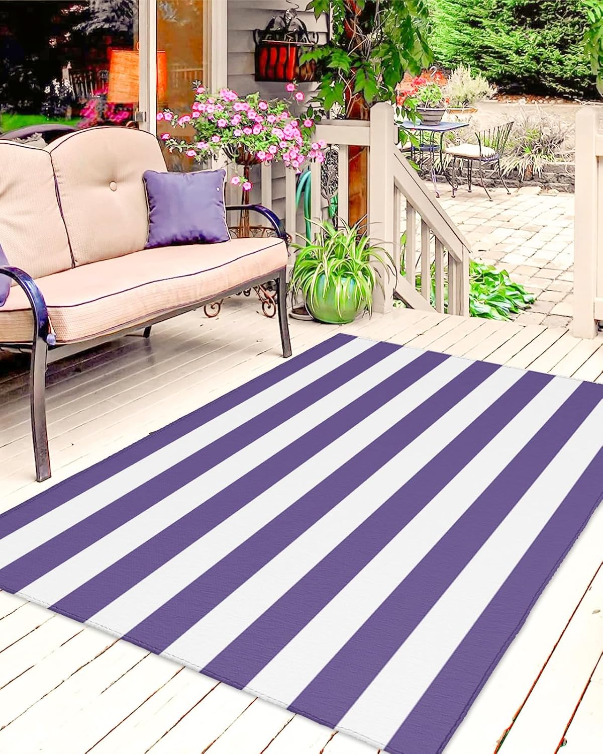 Outdoor Rug, Large Floor Mat Pink and White Stripes Non Slip Area Rug Rubber Backing Quick Dry Clearance Carpet for Camping Rugs, Patio, Garden, Lawn, Deck, Porch, 4' x 6'
