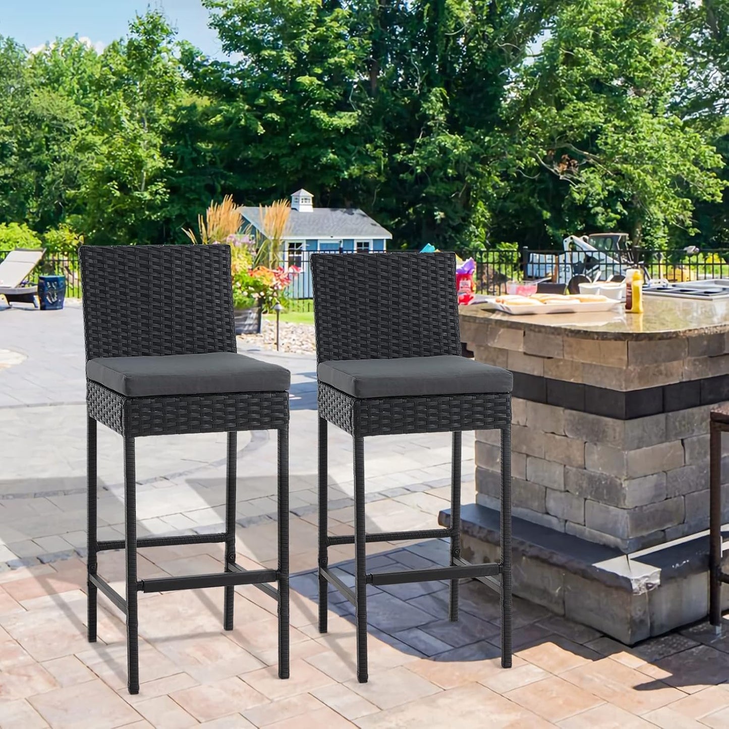 ECOTOUGE Rattan Bar Stools Set of 2, Outdoor Wicker Barstools Counter Height with Cushion for Lawn, Balcony, Garden, Black