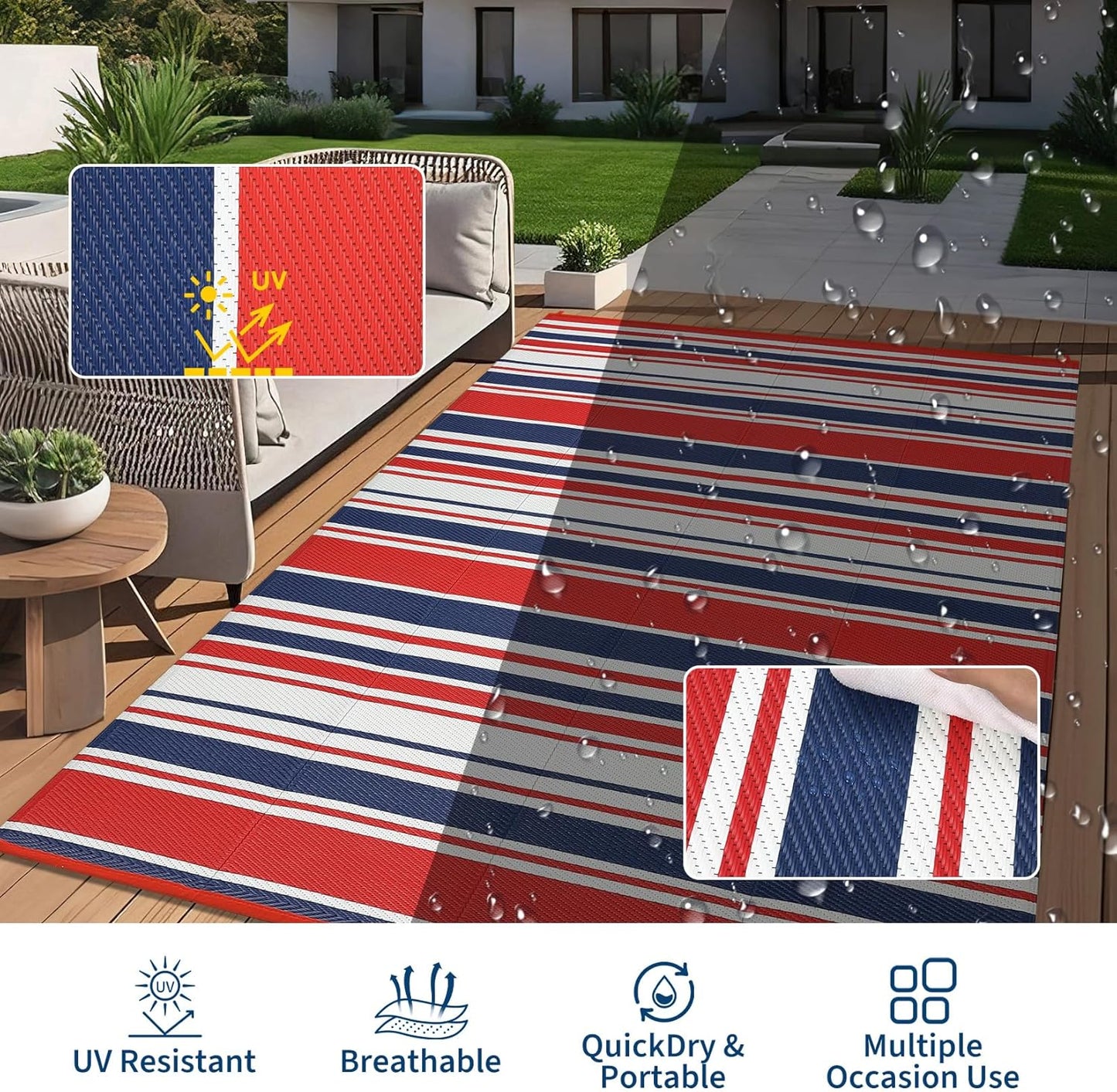 GarveeHome Outdoor Rug Mat for Patio, 9x18 Plastic Straw Rug, Modern Striped Outdoor Camping Rugs for Patio, RV, Porch, Deck, Backyard, Balcony, Camping, Trailer (Red Blue)