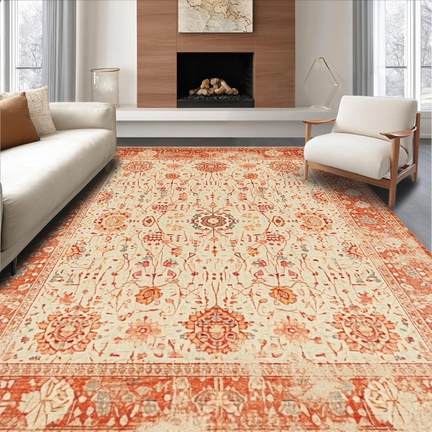 Ultra Soft Area Rug 8x10, Non Slip, Stain Resistant, Washable Area Rugs for Living Room, Bedroom, Farmhouse Grey Kitchen Carpet Set, 3 Piece Washable Non Slip Runner Rug (White, 8x10)