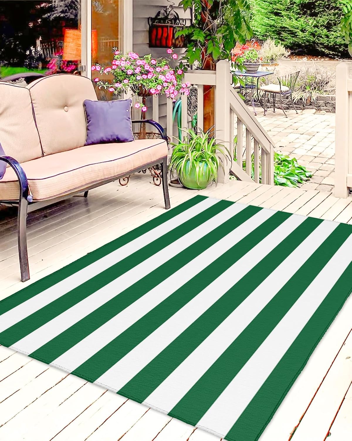 Outdoor Rug, Large Floor Mat Pink and White Stripes Non Slip Area Rug Rubber Backing Quick Dry Clearance Carpet for Camping Rugs, Patio, Garden, Lawn, Deck, Porch, 4' x 6'