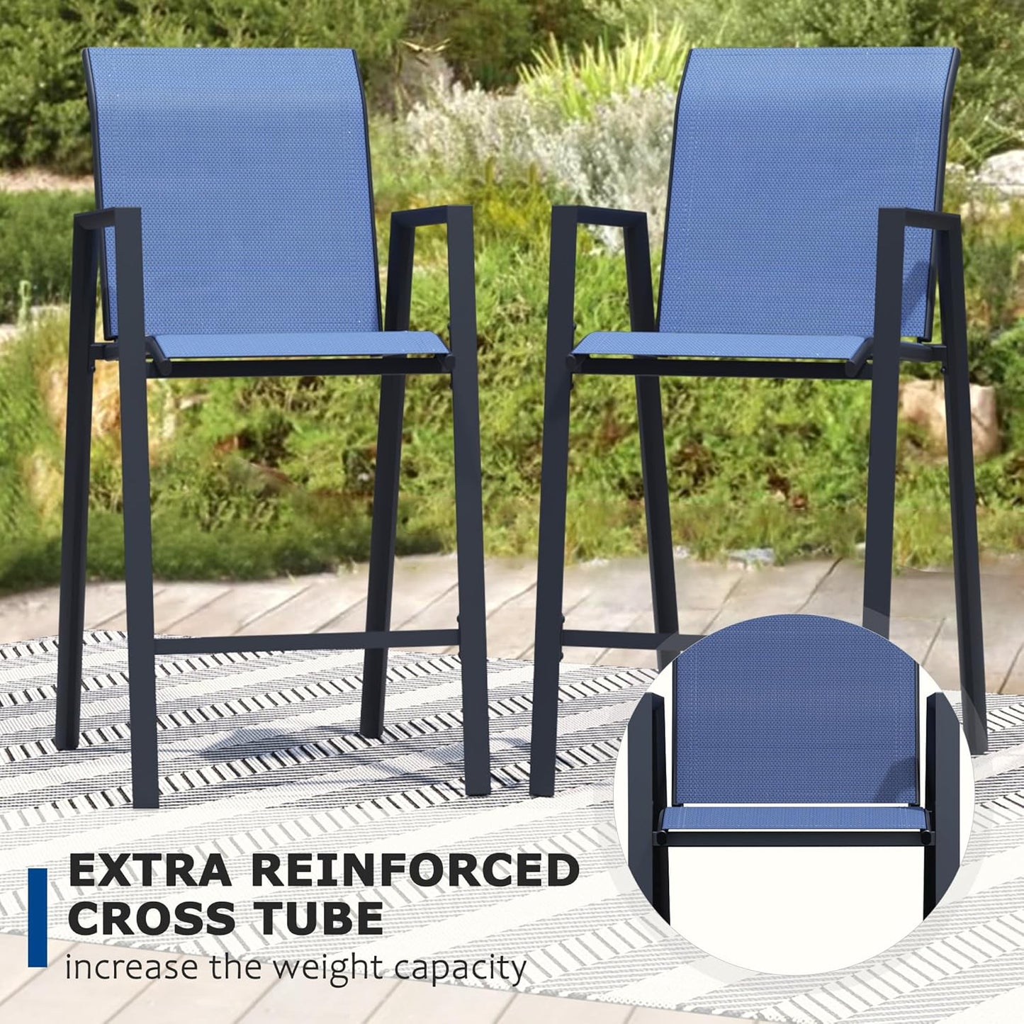 Outdoor Bar Stools Set of 2, 44'' Patio Bar Chairs with Textile High Back, Bar Height Chairs with Straight Armrest and Footrest, Blue