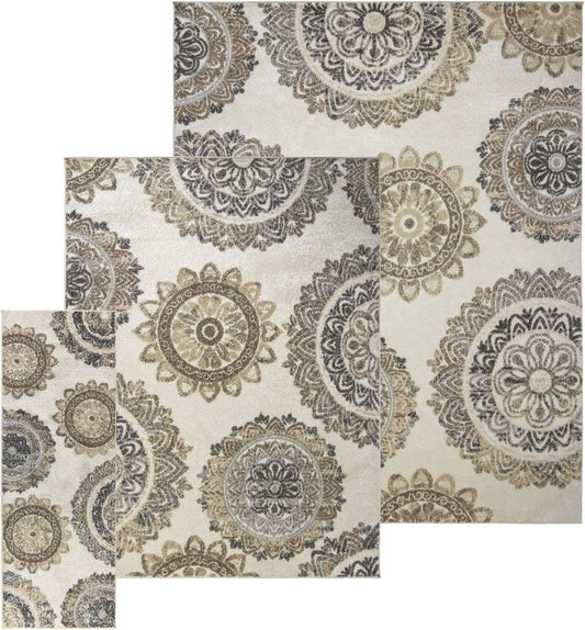 Gertmenian Area Rug 3 Piece Sets Non-Shedding Soft Modern Contemporary Carpet pc Living Room Dining Entryway Bedroom Runner Rugs Gift Set, 2x6 5x7 8x10 Large, Ivory Abstract Sunflower, 81742