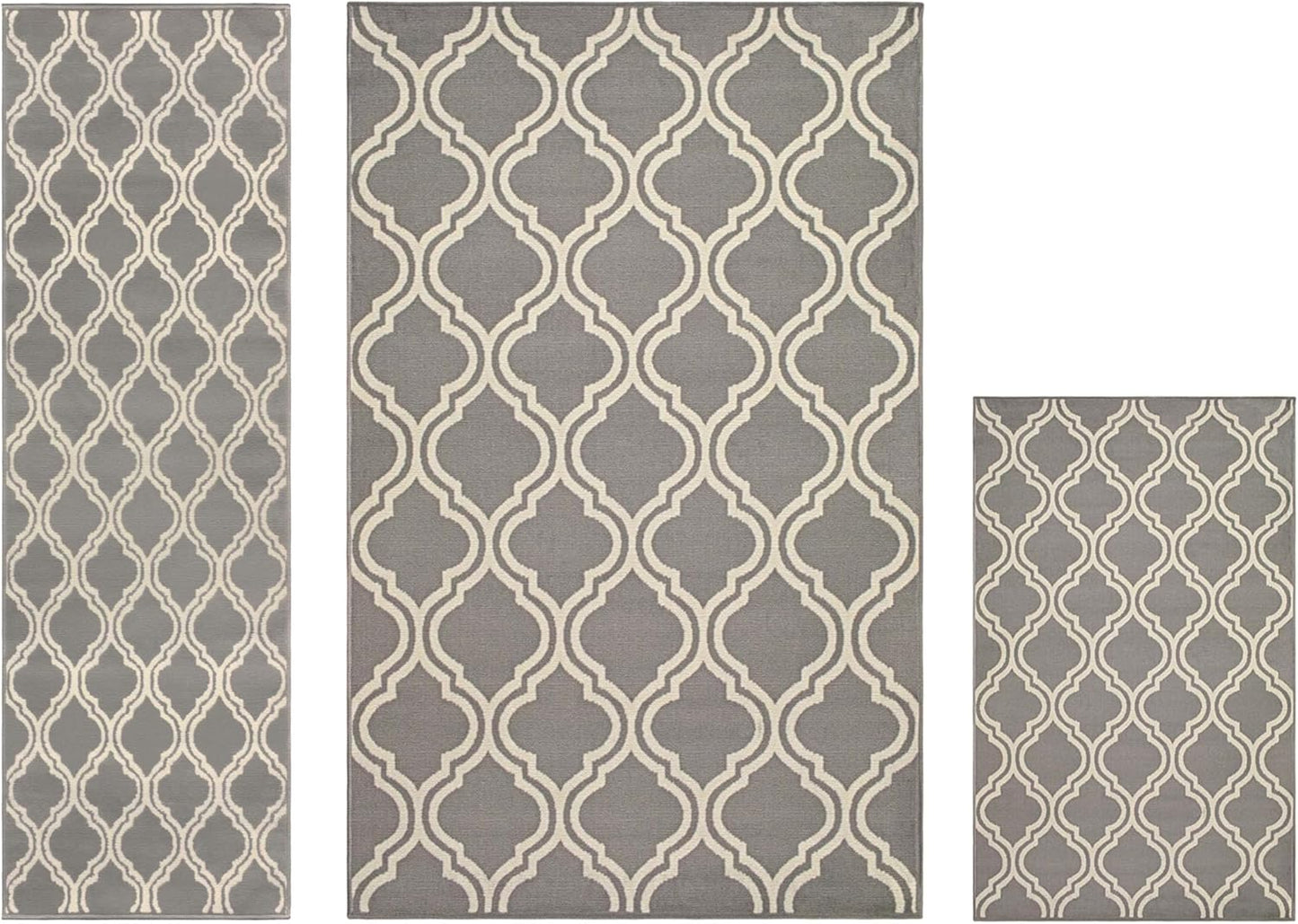 Superior Elegant Double Trellis 3 Piece Indoor Area Rug Set, Jute Backing, Modern Decor for Hallway, Entry, Office, Kitchen, Bedroom, Living Room Floors, Plush Rugs, 3' x 5', 5' x 8', 8' x 10', Grey
