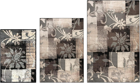 Superior Pastiche 3 Piece Indoor Area Rug Set, Jute Backing, Modern Floral Patchwork Decor, Hallway, Office, Kitchen, Bedroom, Living Room Floors, Plush Rugs, 2' x 3', 4' x 6', 6' x 9', Beige