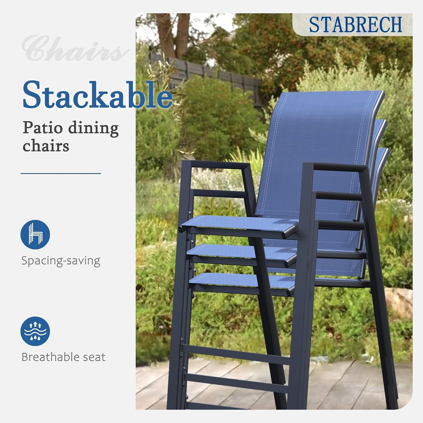Outdoor Bar Stools Set of 2, 44'' Patio Bar Chairs with Textile High Back, Bar Height Chairs with Straight Armrest and Footrest, Blue