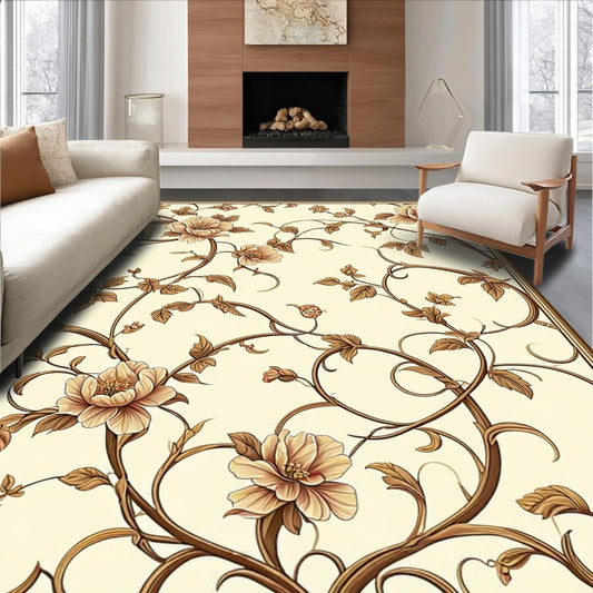 Ultra Soft Area Rug 8x10, Non Slip, Stain Resistant, Washable Area Rugs for Living Room, Bedroom, Elegant Kitchen Carpet Set, 3-Piece, Brown Floral Design (Beige, 8x10)