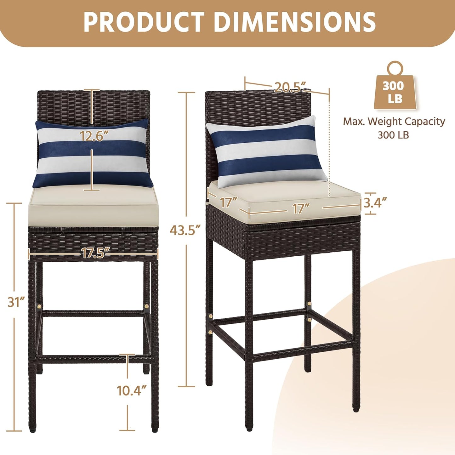 Yaheetech Set of 2 Patio Bar Stools, Outdoor PE Rattan Bar Height Chairs with Cushions & Footrests & Backrest for Indoor, Outdoor, Backyard, Porch, Max.Load 300Lb, Brown/Beige