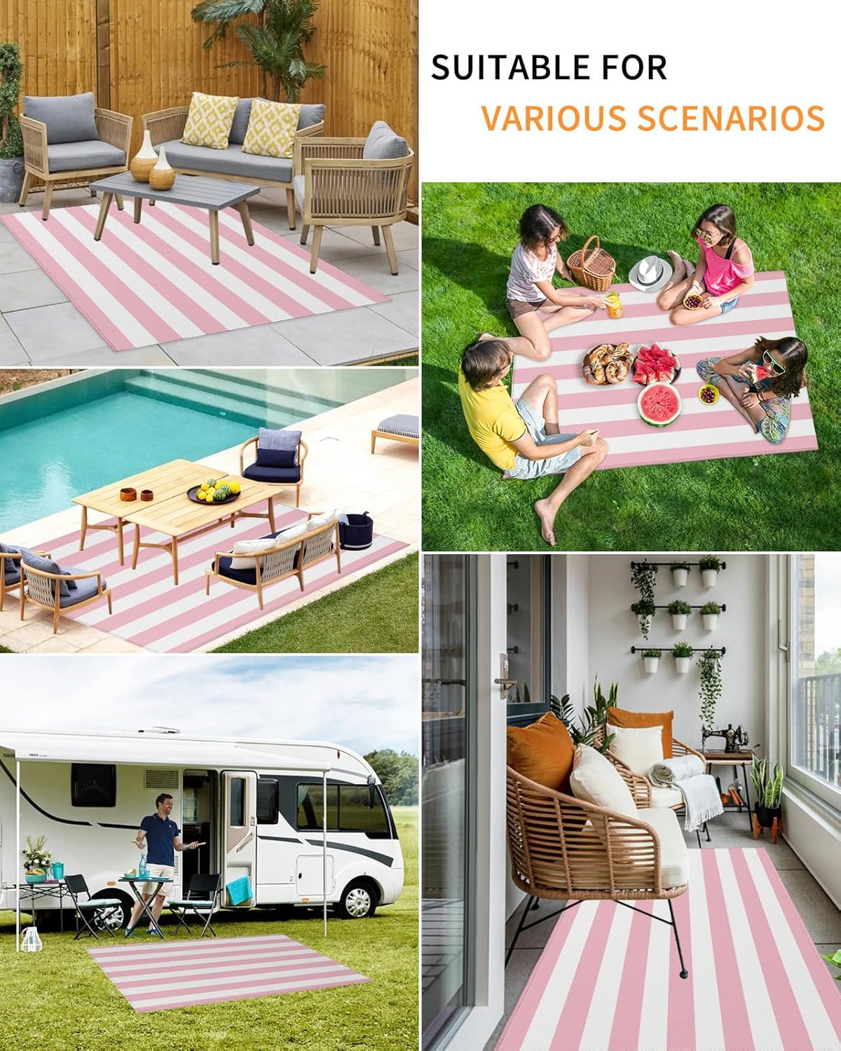 Outdoor Rug, Large Floor Mat Pink and White Stripes Non Slip Area Rug Rubber Backing Quick Dry Clearance Carpet for Camping Rugs, Patio, Garden, Lawn, Deck, Porch, 4' x 6'