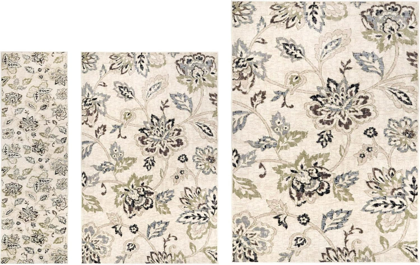 Superior Jacobean 3 Piece Indoor Area Rug Set, Jute Backing, Modern Floral Decor for Hallway, Entry, Office, Kitchen, Bedroom, Living Room Floors, Plush Rugs, 2' 7" x 8', 5' x 8', 8' x 10', Chocolate